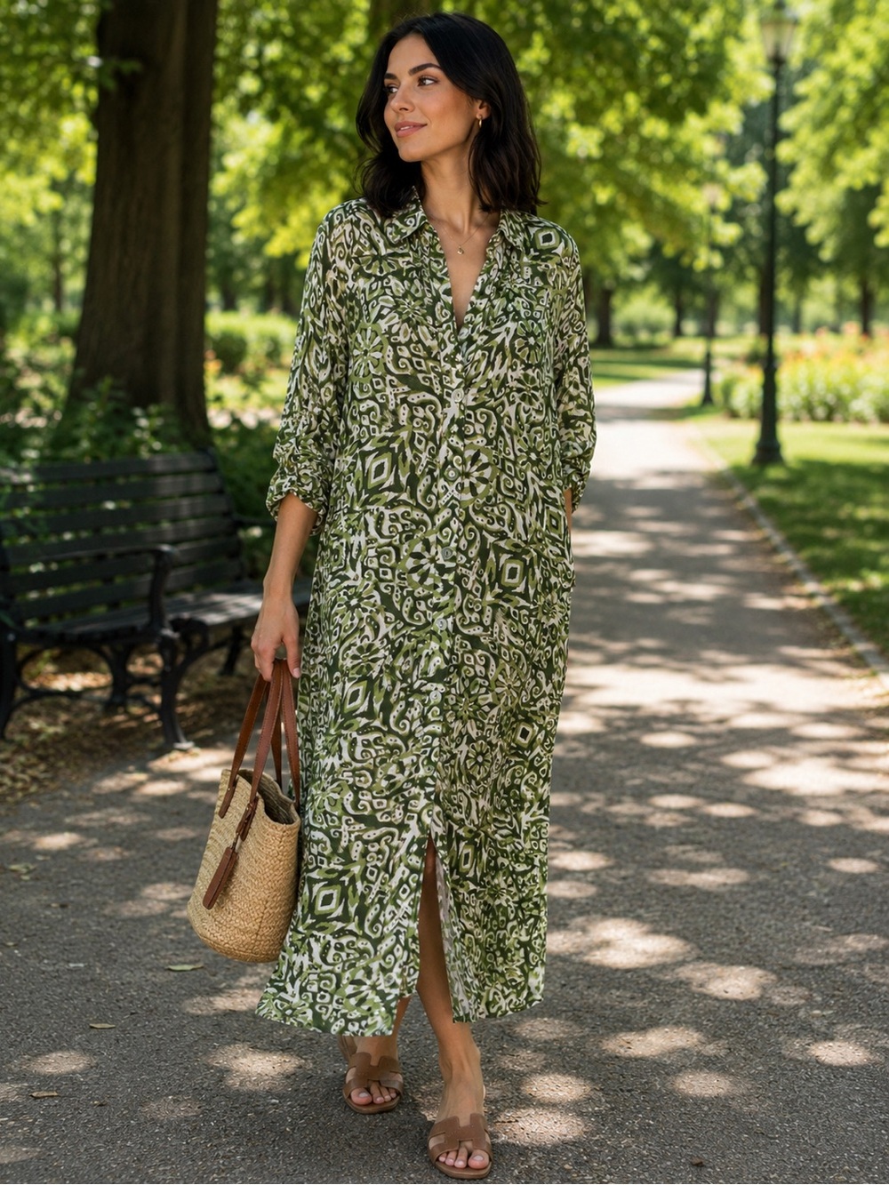 ZARA Green Patterned Maxi Shirt Dress Sz M